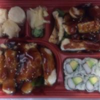 Dinner Combination Bento Box · Served with a California roll, shumai, white rice or brown rice,  choice of 2 items and soup...