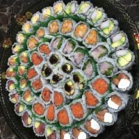 Sushi Roll Party Tray 1 · Tuna-avocado roll, salmon-avocado roll, yellowtail-jalapeno roll, Philadelphia roll, Califor...