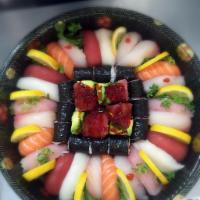 Sushi Party Tray 3 · 5 pieces each sushi including tuna, salmon, yellowtail, tai and white tuna. Served with Cali...