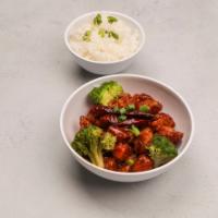 H7. General Tso's Chicken · Crispy chunk of chicken with broccoli sauteed in honey sauce. With white rice. Hot and spicy. 