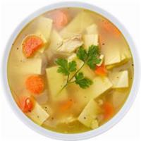 Chicken Noodle Soup · large tender chinks of white chicken in the chicken broth, with plenty og vegetables and pas...