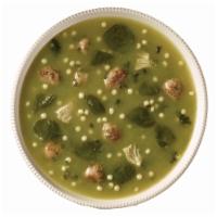 Italian Wedding Soup · mini-meatballs married with pieces of tender chicken, Acini de Pepe pasta and spinach in a d...