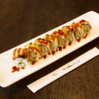M21. Dragon Roll · California topped with smoked eel and avocado.