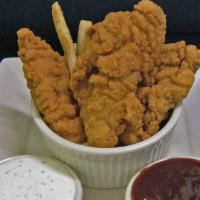 Crispy Chicken Tenders · Lightly breaded boneless chicken tenders served with ranch dressing and BBQ sauce.