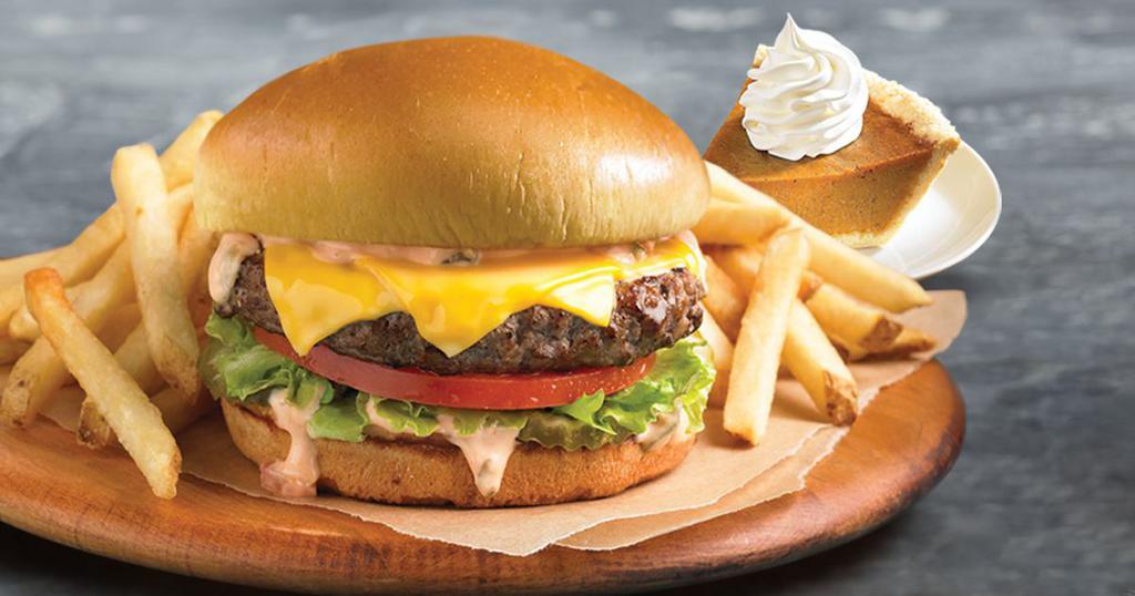 Callender's® Cheeseburger · Crisp lettuce, tomato, pickles, house-made signature sweet gherkin Thousand Island dressing and aged American cheese. Made with USDA Angus beef and are grilled medium well. Served with your choice of side.