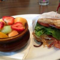 K24 Breakfast Sandwich · English muffin, over easy egg, applewood bacon, grilled onions, tomatoes, pepper jack, spina...