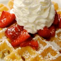 Belgian Waffle · Strawberries and whipped cream.