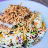 Asian Chicken Salad · All natural chicken, carrots, napa cabbage, mandarin oranges, edamame, scallions, cilantro, ...