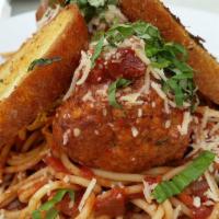 Spaghetti and Meatballs · Spaghetti, homemade meatballs, marinara sauce, grated Parmesan and fresh basil.