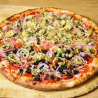 The Works Pizza · Tomato sauce, mozzarella, pepperoni, sausage, ham, bacon, black olives, onions, mushrooms an...