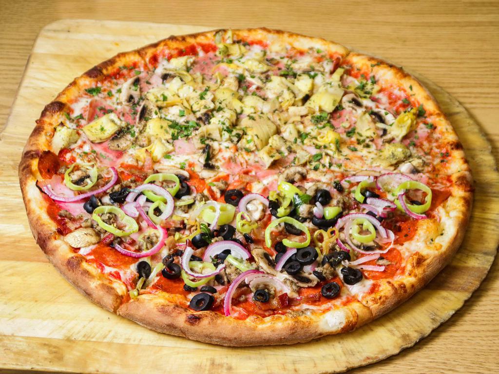 The Works Pizza · Tomato sauce, mozzarella, pepperoni, sausage, ham, bacon, black olives, onions, mushrooms and topped with fresh mozzarella.