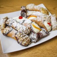 Large Chocolate Dipped Cannoli w/ Almonds · Authentic, house-made, cannoli-cream filled shell with the ends dipped in chocolate,  finish...
