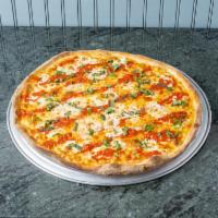 Margherita Pizza · Imported San Marzano tomatoes, fresh mozzarella, basil, garlic and olive oil.