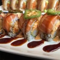 NoHo Roll · Shrimp tempura and spicy crab inside with salmon, deep fried jalapeno, spicy mayo, and eel s...