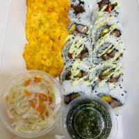 Large Churrasco Roll · Our churrasco is seasoned and grilled to perfection, it's rolled up with ripe plantains/madu...