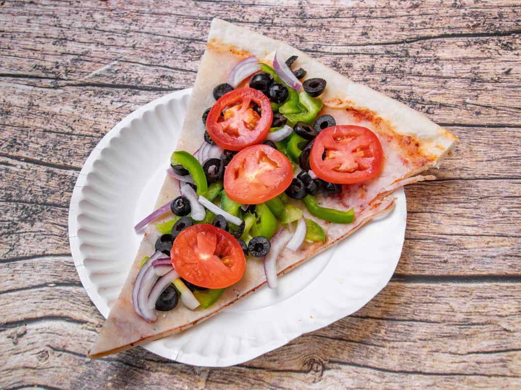 Veggie Pizza · Mushrooms, green peppers, onions, black olives, mozzarella cheese, and tomatoes.