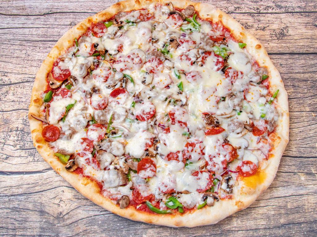 Supreme	Pizza · Pepperoni, sausage, mushrooms, green peppers,	onions, and mozzarella cheese.