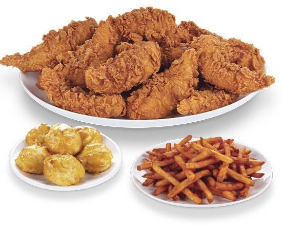 Chicken and Tenders Family Meal · The chicken & tenders platter comes with 12 mixed chicken pieces, 6 Cajun tenders, 6 biscuits, and an order of family fries.