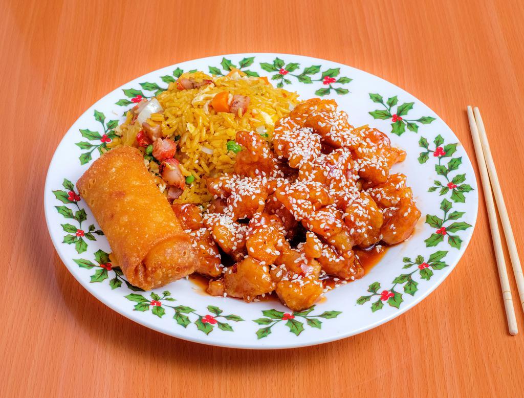 Sesame Chicken Combination Plate · Served with egg fried rice or chicken fried rice and egg roll.