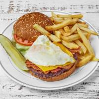 Coco's Burger  · 1/2 lb. Certified Angus beef patty with fried egg, bacon and American cheese.