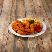 Chicken Strips and Fries · Fried Chicken Strip with Fries. Served with Buffalo Sauce and Ranch Dressing