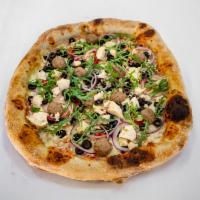 La Buccia Pizza · Pomodoro sauce, mozzarella, roasted red pepper, black olives, red onion, fresh arugula, chic...