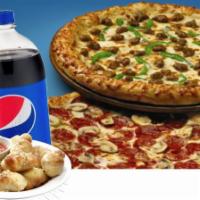 Mega Pizza Three Special $27.99 - One Large Pizza 2 Toppings, One Medium 1 topping Pizza, 10 Hot Wings or Boneless Wings · One Large Pizza 2 Toppings, One Medium 1 topping Pizza, 10 Hot Wings or Boneless Wings. Plea...