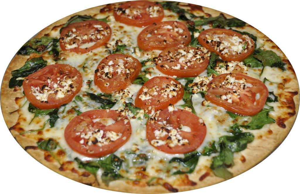 Roma Spinach Pizza · Fresh spinach, Roma tomatoes, feta cheese, fresh garlic and mozzarella cheese.