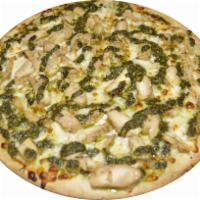 Chicken Pesto Pizza · Grilled chicken, pesto sauce and mozzarella cheese.