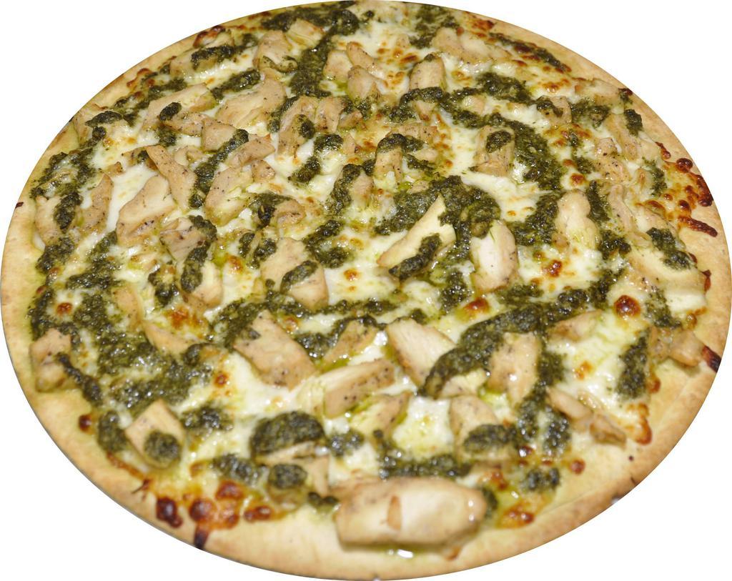 Chicken Pesto Pizza · Grilled chicken, pesto sauce and mozzarella cheese.