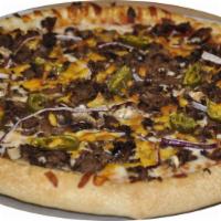 Steak and Cheese Pizza · Mozzarella cheese, cheddar cheese, Philly steak, onion, green pepper and mushroom.