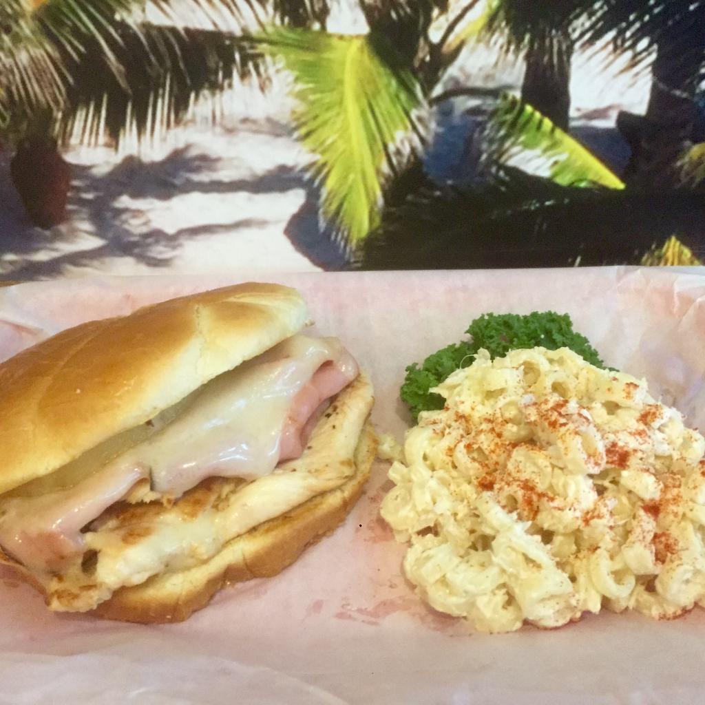 Hawaiian Chicken Sandwich · Fresh marinated chicken breast with grilled ham and pineapple smothered with Swiss cheese and Sweet D’s sauce.