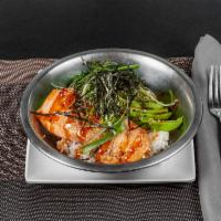 Salmon Bowl · Rice topped with Teriyaki Salmon, sautéed spinach & avocado. Drizzled with teriyaki sauce & ...