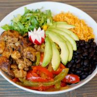 Chili Lime Chicken Bowl · Spanish rice, sautéed bell peppers and  onions, black beans, frsh corn, sliced avocado, shre...