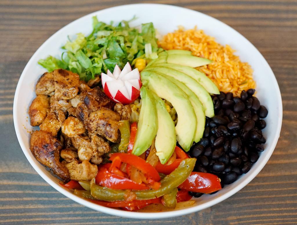 Chili Lime Chicken Bowl · Spanish rice, sautéed bell peppers and  onions, black beans, frsh corn, sliced avocado, shredded lettuce and sour cream.