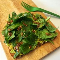 Avocado Spinach Toast · Organic 21 whole grain bread with 
avocado, himalayan salt, black 
pepper, spinach and old-s...