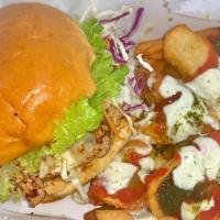 Chicken Burger · Served with choice of toppings, choice of side, and choice of sauce.