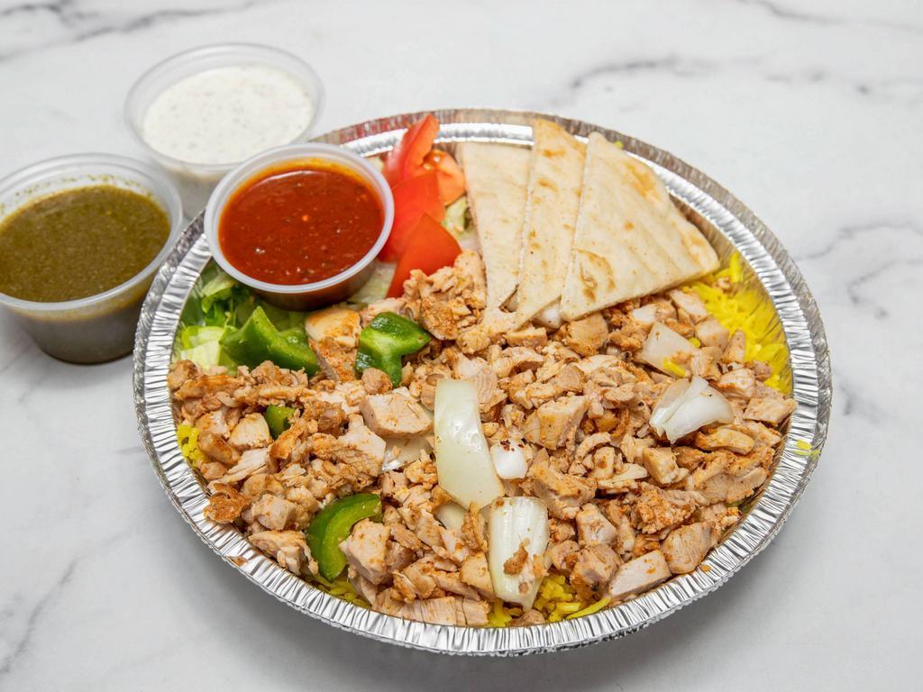 Chicken Platter · Our New York Style Famous Juicy Chicken platter over Basmati Rice or Salad served with pita bread.