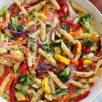 1. Veggie Pasta · Penne pasta, cherry tomatoes, onions, peppers, olives and marinara sauce.