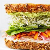 10. Vegetarian Sandwich · Avocado, spinach, tomato, carrot, cucumber, alfalfa sprouts and hummus spread.