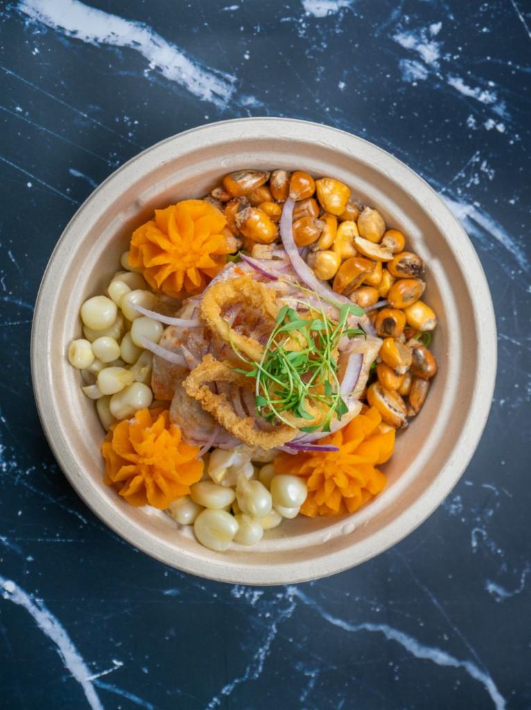 Del Pacifico Ceviche Bowl · Fish of the day, fresh lime and rocoto tiger milk, with corn and sweet potato mousse
