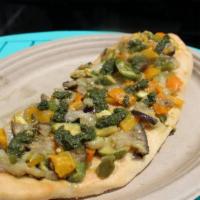 Veggie Lovers Flat Bread · Topped with onions, grilled peppers, eggplant, mushrooms, zucchini topped with pesto and aru...
