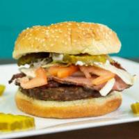 Pastrami Deluxe Burger · 1/3 lb. Beef burger topped with pastrami. Served on a fresh bun topped with lettuce, tomato,...