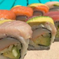 Rainbow  Roll · Kani, cucumber top with fish ＆ avacodo