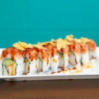 Fire  Roll (spicy) · Kani, cucumber,  topped with Spicy Tuna and chips with spicy sauce