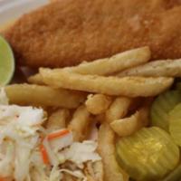 9 Days Fish and Chips · Breaded Flounder with French Fries, coleslaw, pickle chips and tartar sauce