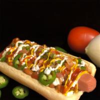 Hot Dog · Delicious hot dog La Michoacana style, beans,pico de Gallo, jalapeños, your favorite mayo-mu...