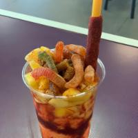 Chamomix · 20oz cup with homemade chamoy mixture and two scoops of your choice of mango or lime ice cre...