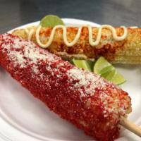 Elote Entero Regular · Corn on the cob the traditional way of Butter And mayonaise brushed on and packed with cotij...
