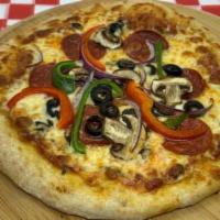 Supreme Pizza · Pizza with marinara sauce and topped with pepperoni, green bell peppers, red onions, mushroo...